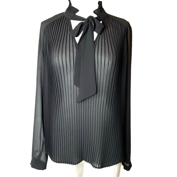 WHOWHATWEAR Sheer Accordion Pleat Tie Neck Blouse - Picture 16 of 16